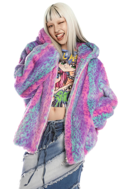 Colorful Leopard Fur Hooded Jacket