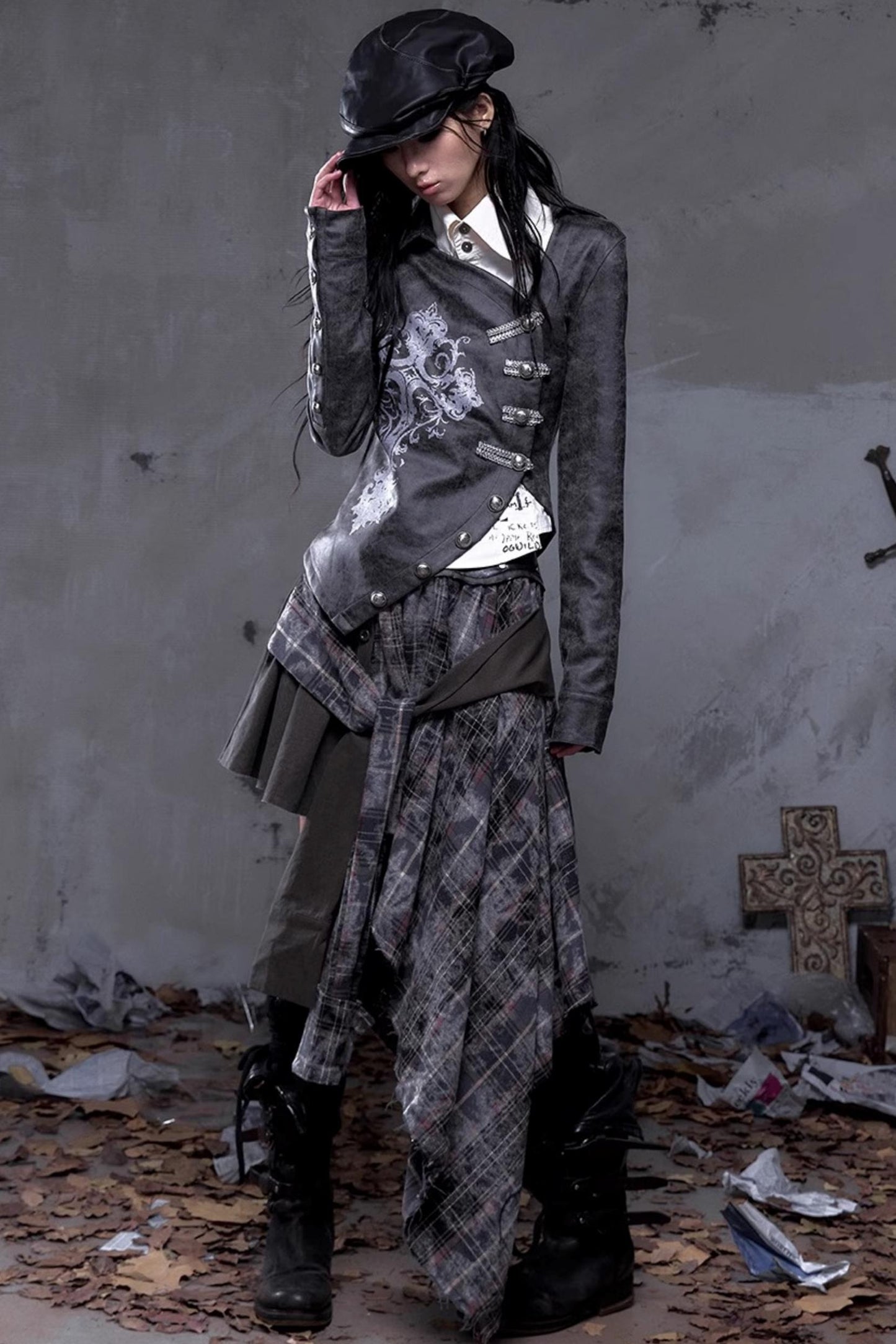 Vintage Slanted Placket Printed Leather Shirt