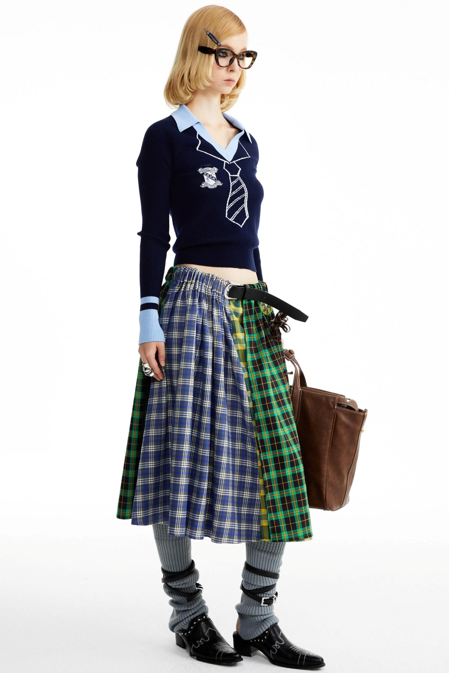Blue-Green Plaid Pleated Skirt