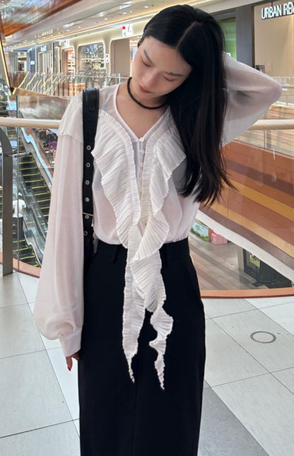 Sheer V-Neck Flutter Shirt
