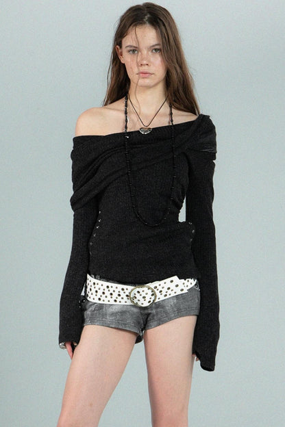 Hooded One-Shoulder Knitted Top