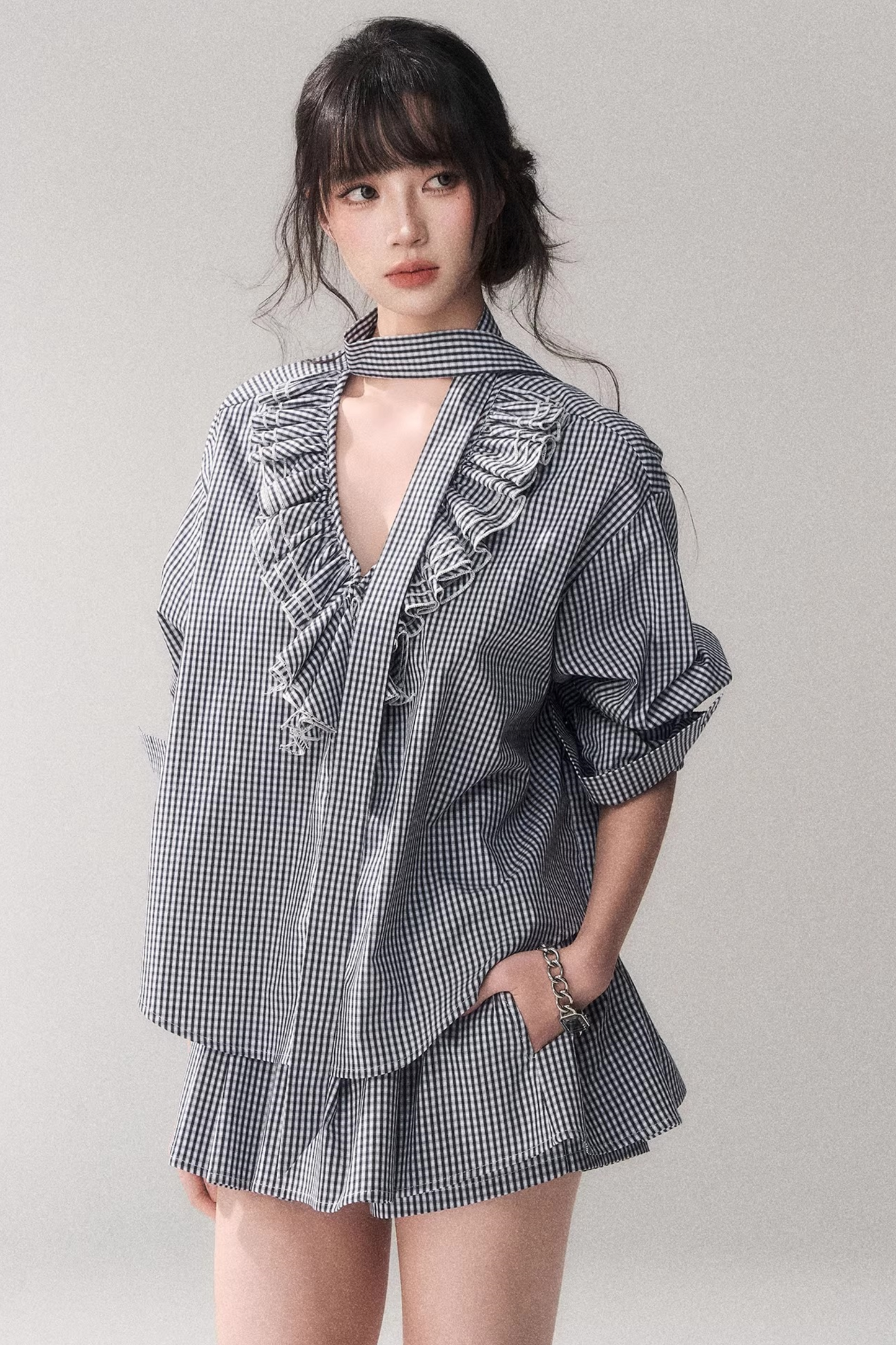 Blue Check Lace Blouse Set-Up
