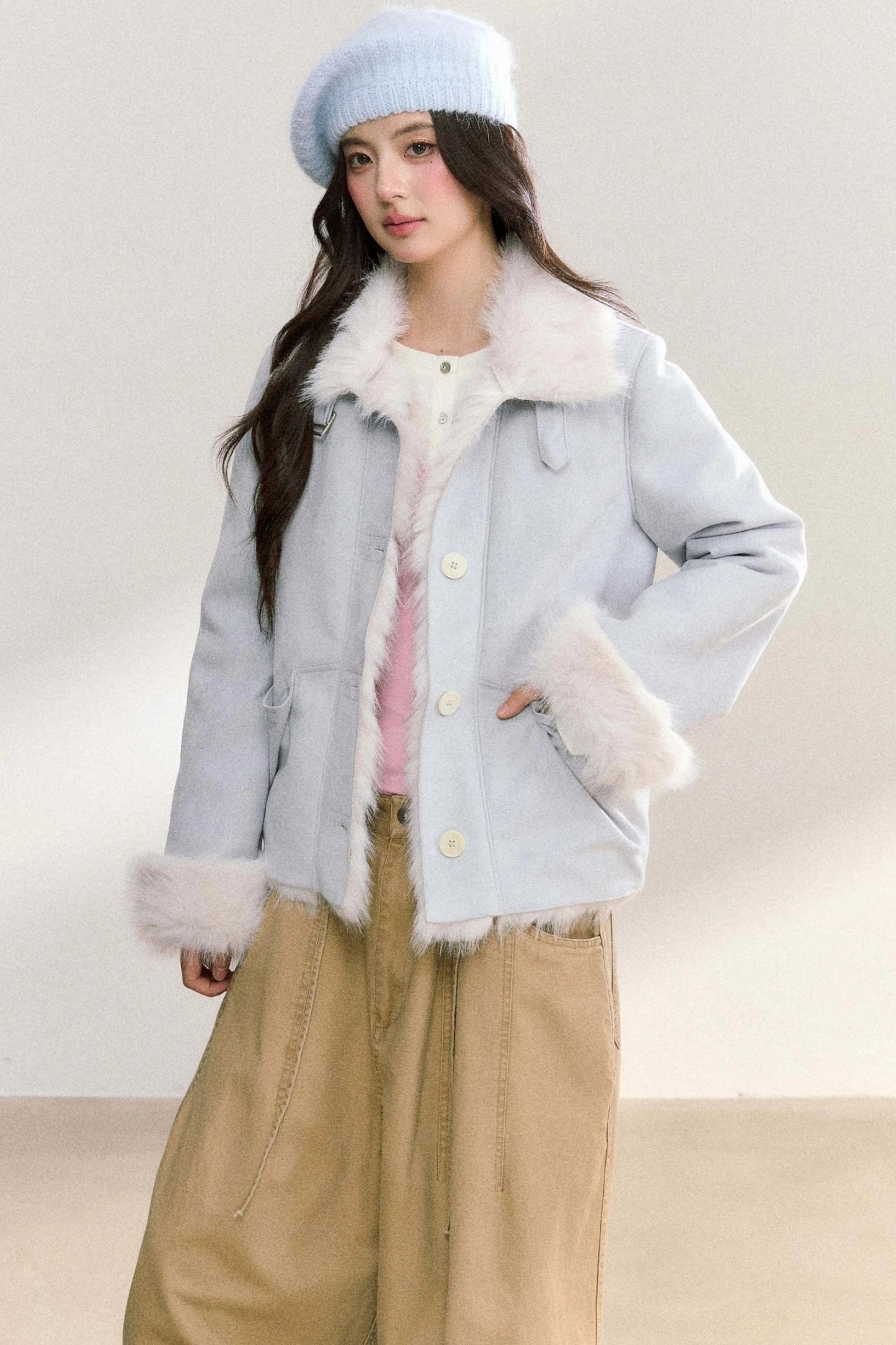 Suede Rivet Fur Collar Lapel Jacket