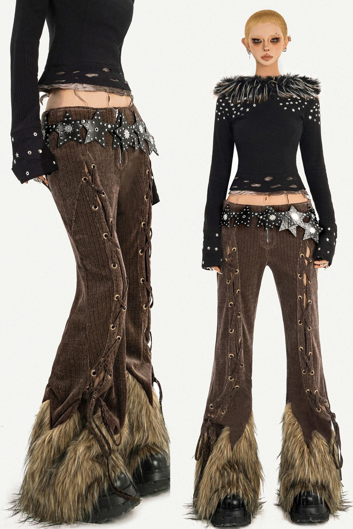 Retro Fur-Trim Corduroy Pants