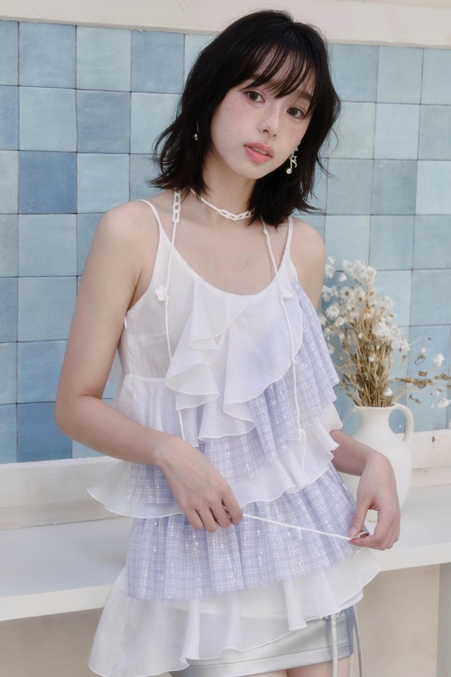 Blue Checkered Chiffon Ruffled Top