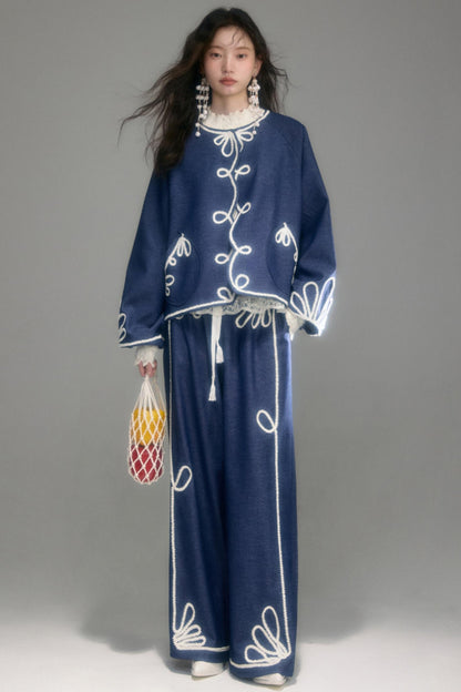 Vintage Embroidery Denim Cardigan Pants Set-Up