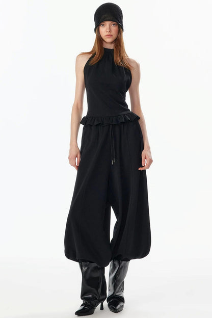 Ruffle Hem Halter Backless Top