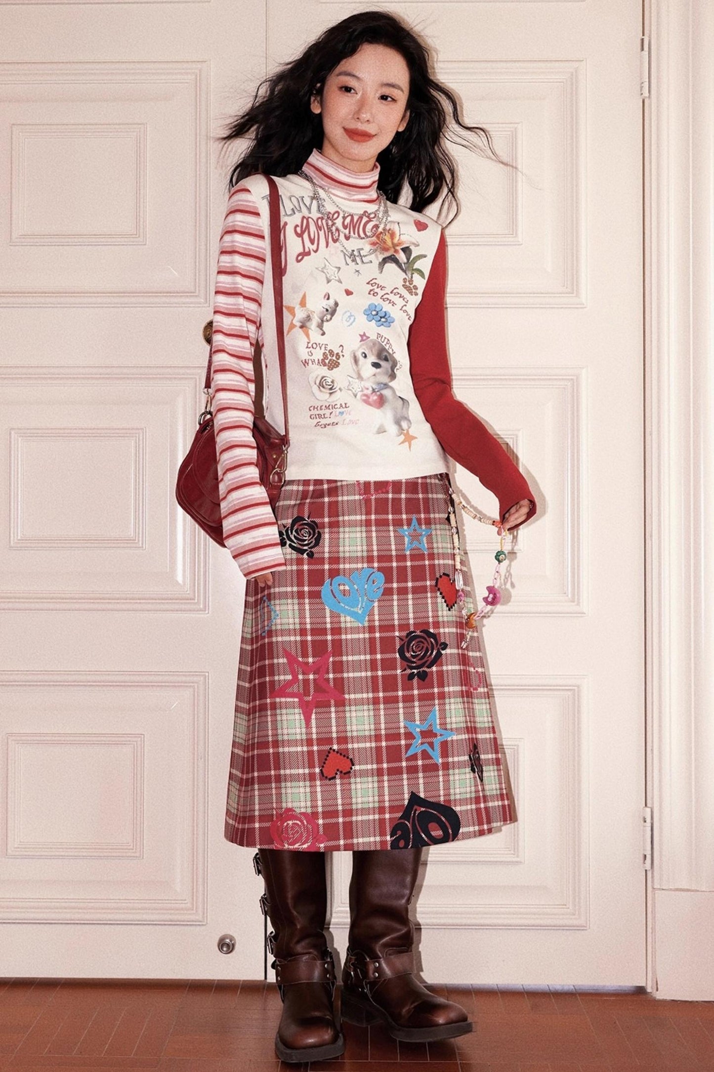 High-Neck Asymmetrical Print T-Shirt