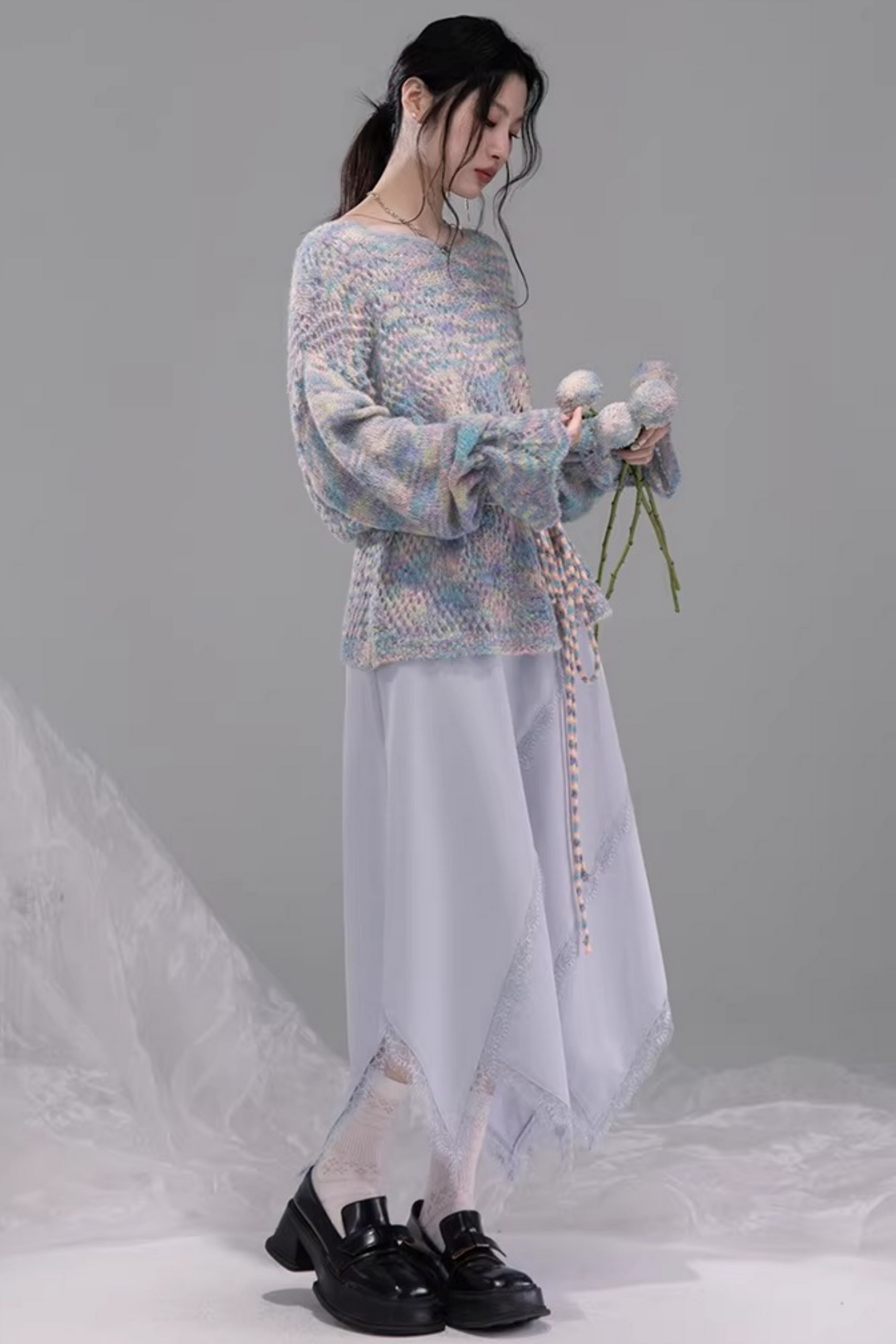 Flowing Gray-Blue Lace Skirt