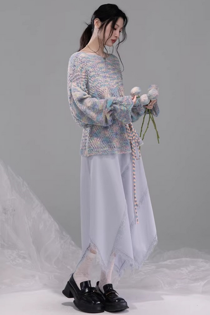 Flowing Gray-Blue Lace Skirt