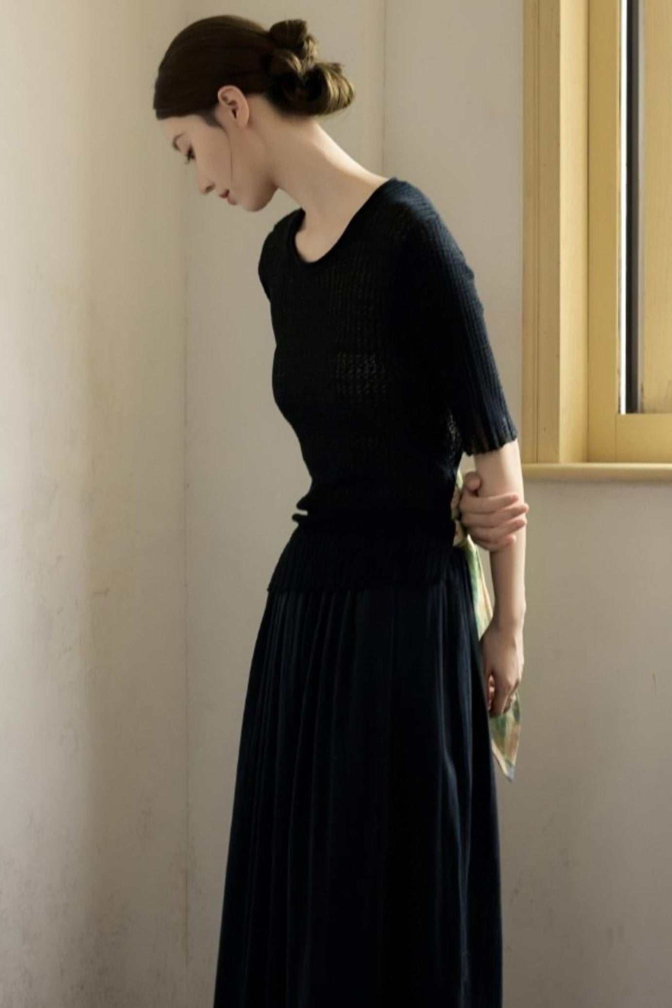 Black Knitted Contrast T-Shirt