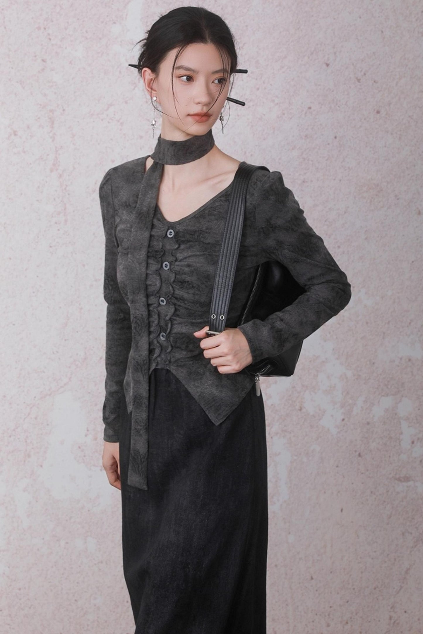 Autumn Gray Tie-dye Knitted V-Neck T-Shirt