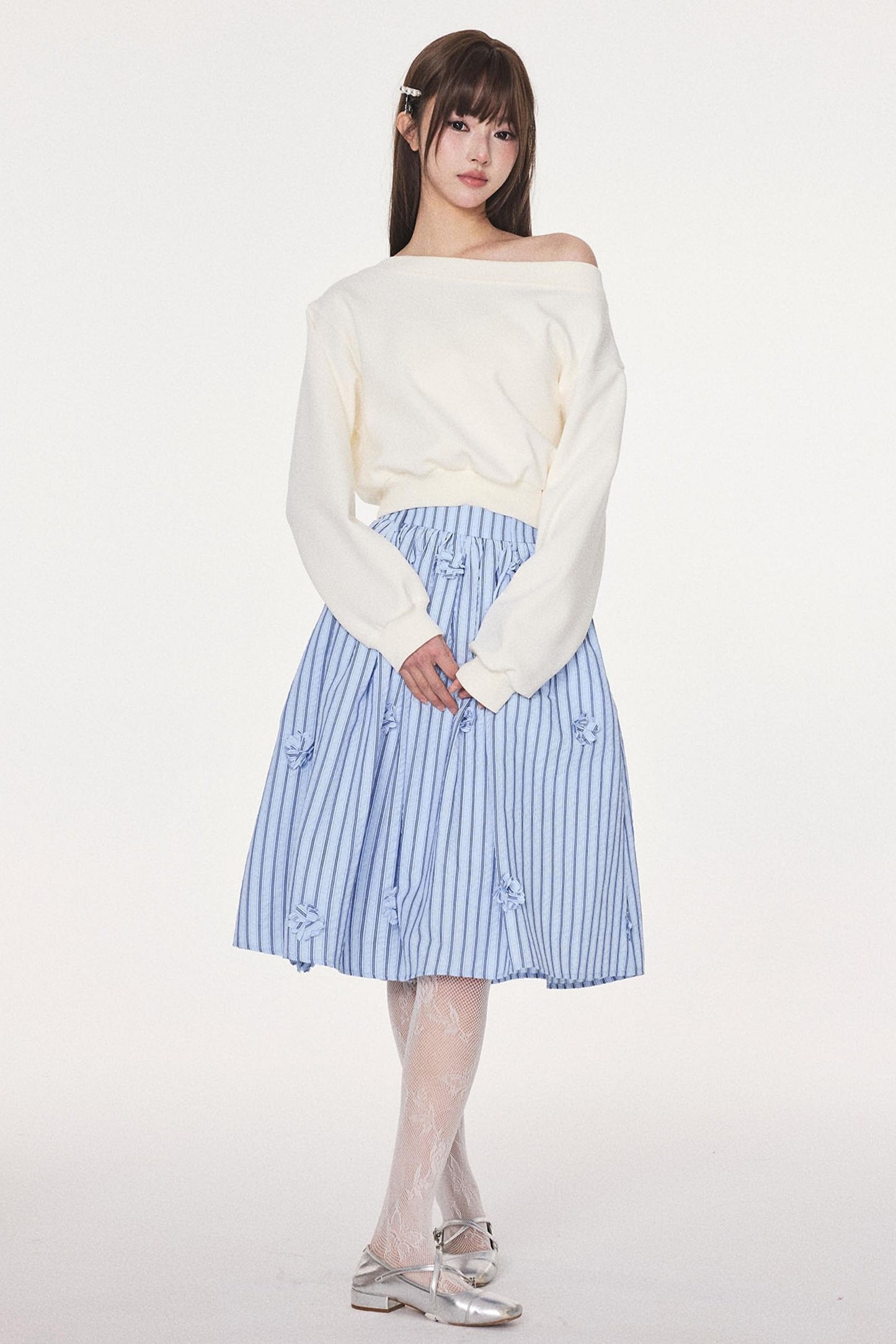 Blue Striped Flower Silhouette Skirt