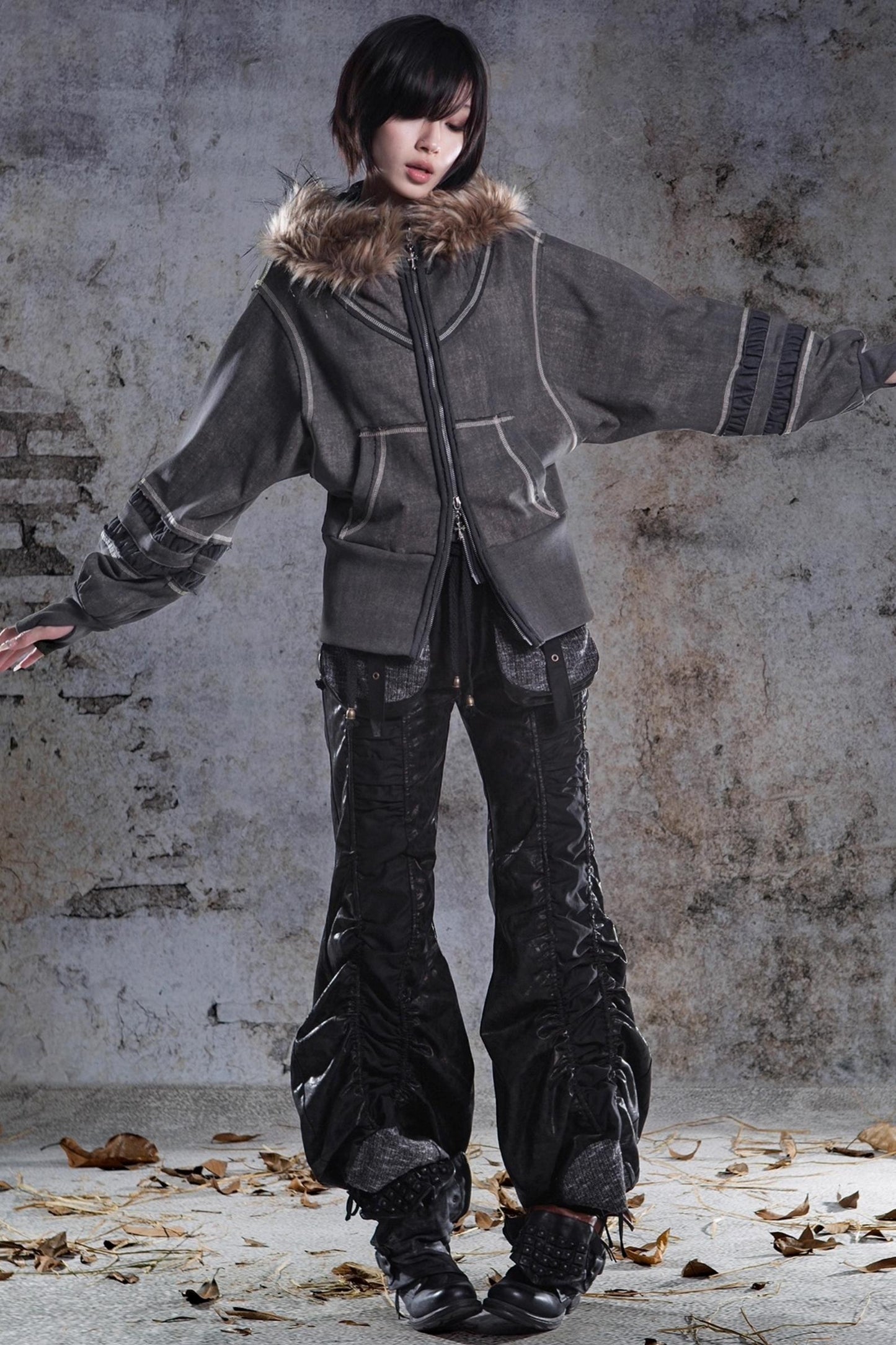 Vintage Lantern Sleeve Hooded Sweatshirt Jacket