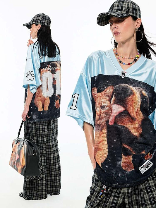 Dog & Cat Print Oversized V-Neck T-Shirt