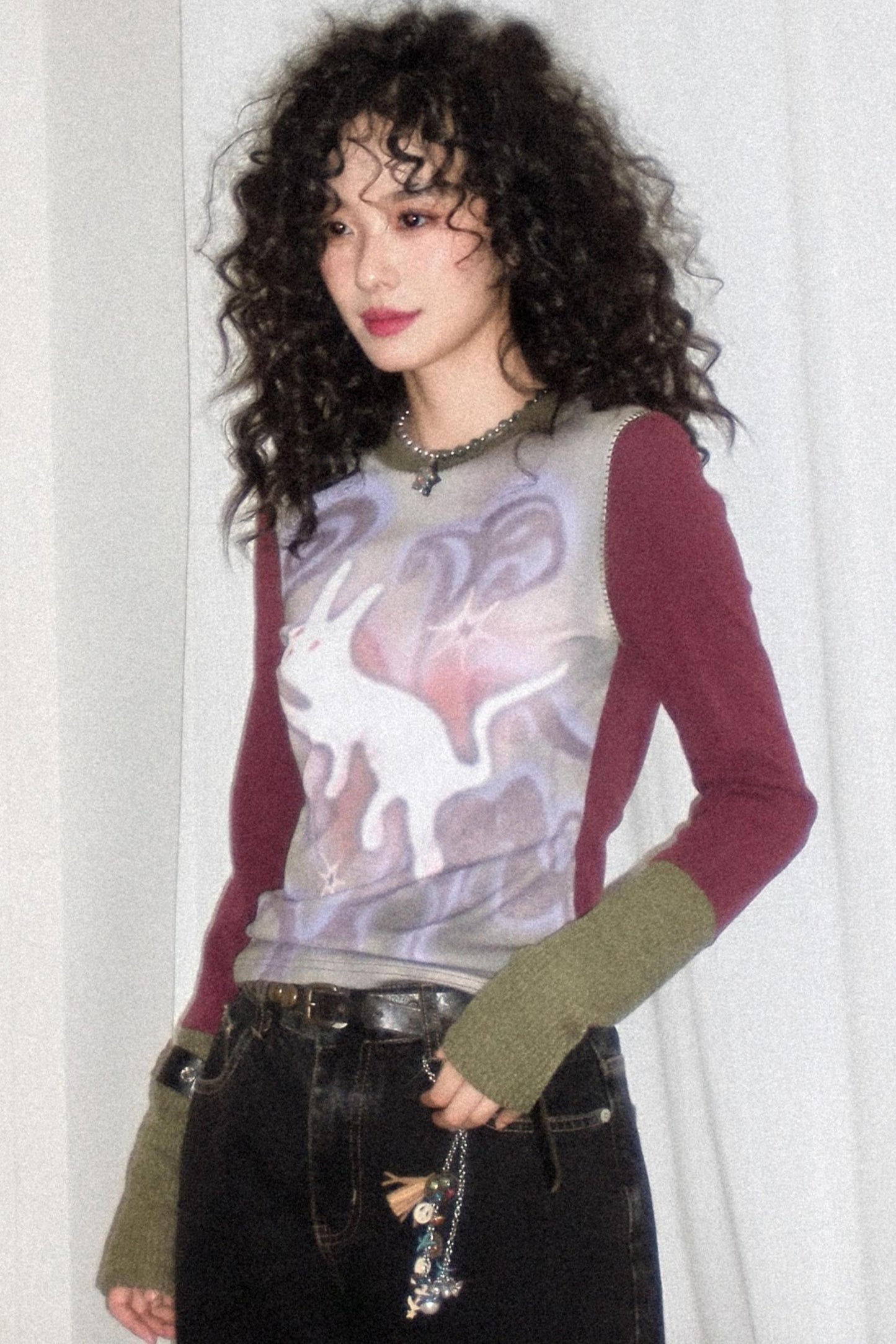 Flower Gauze Round Neck Long-Sleeved T-Shirt