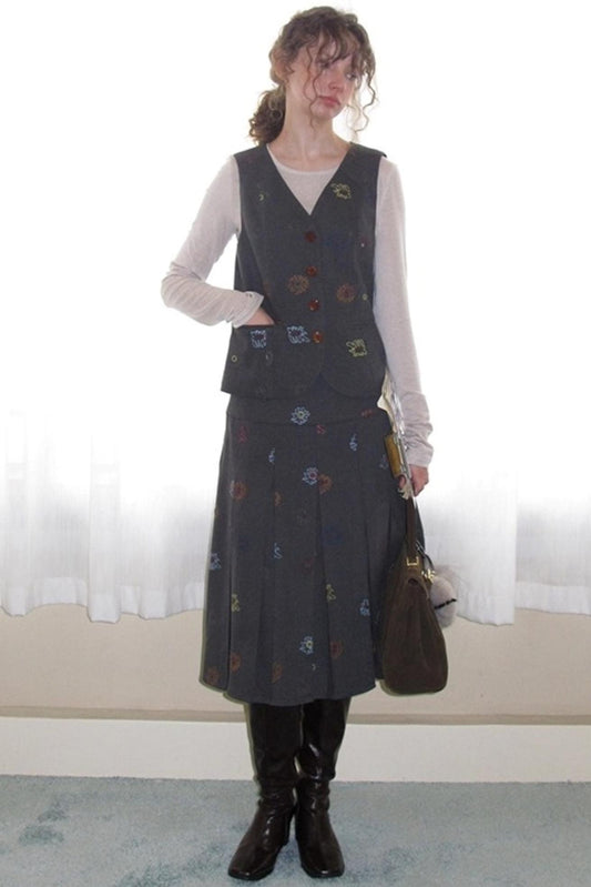 Needle Wool Vest Skirt Set-Up
