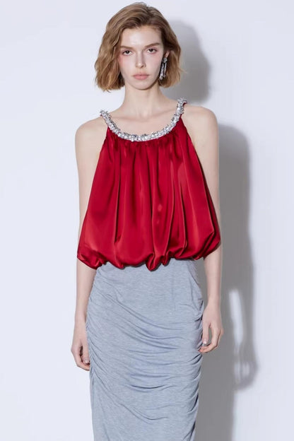 Satin Beaded Backless Top