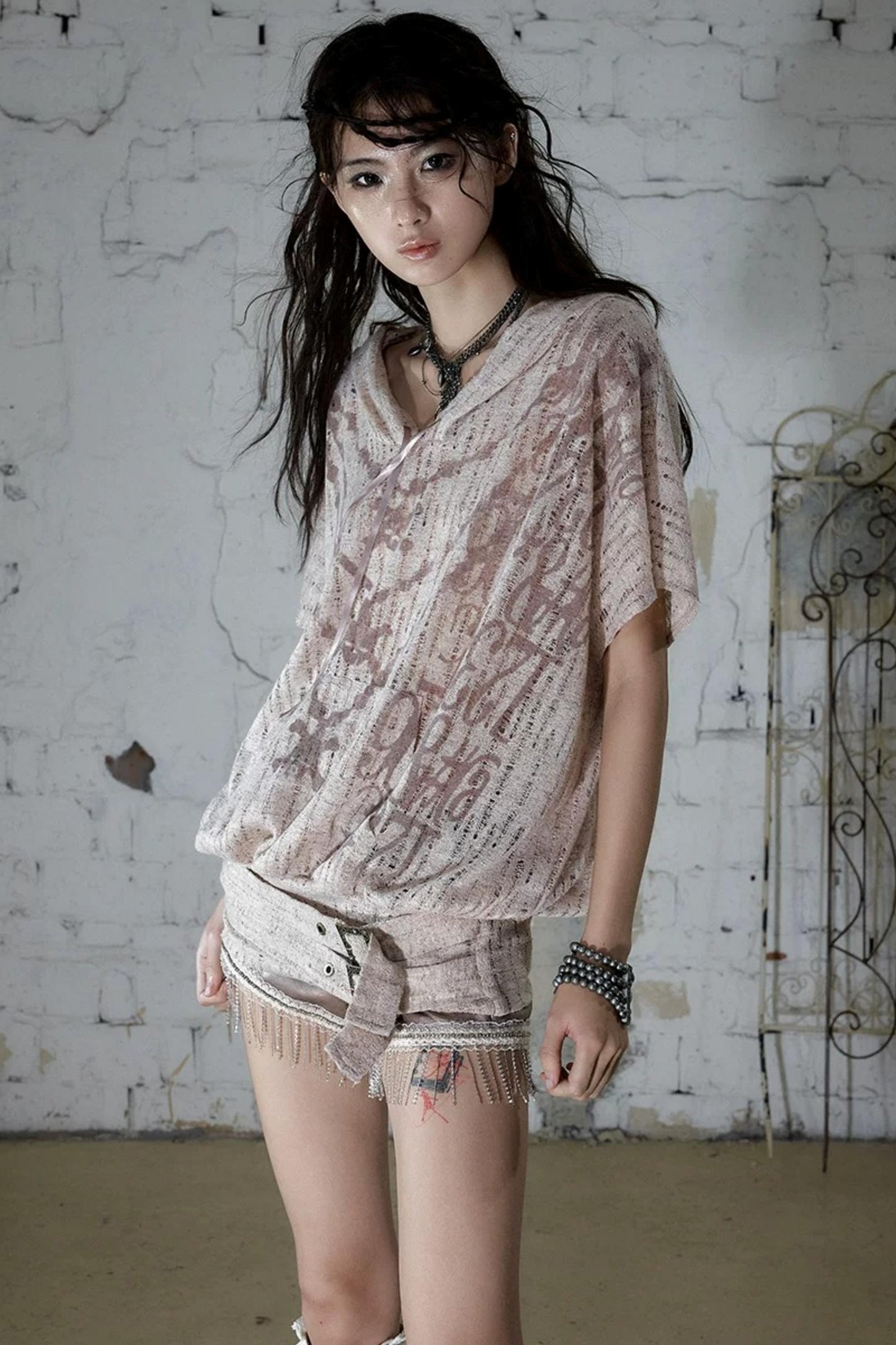 Punk Ripped Knit Hooded Blouse