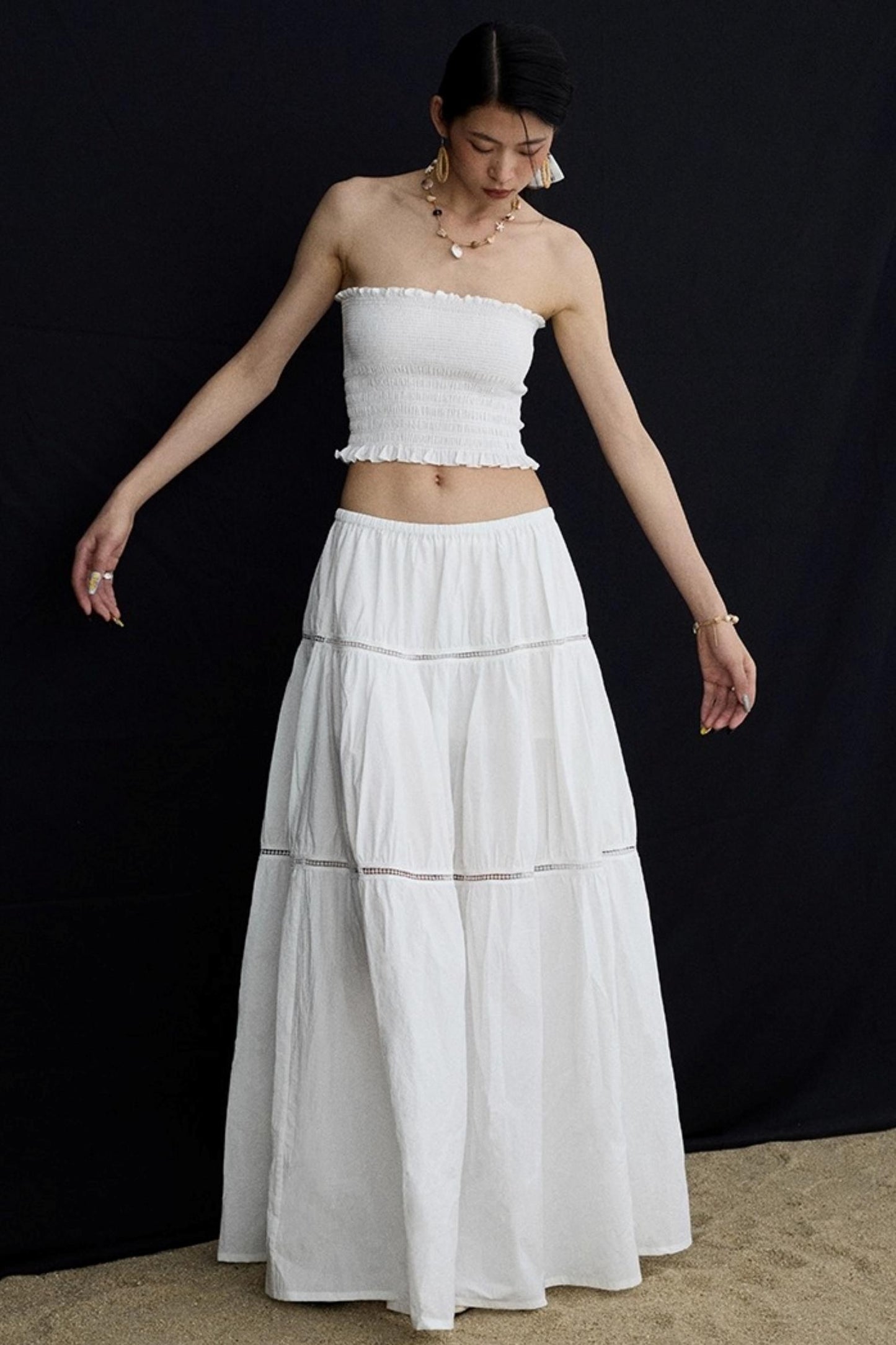 Elasticated White Long Skirt