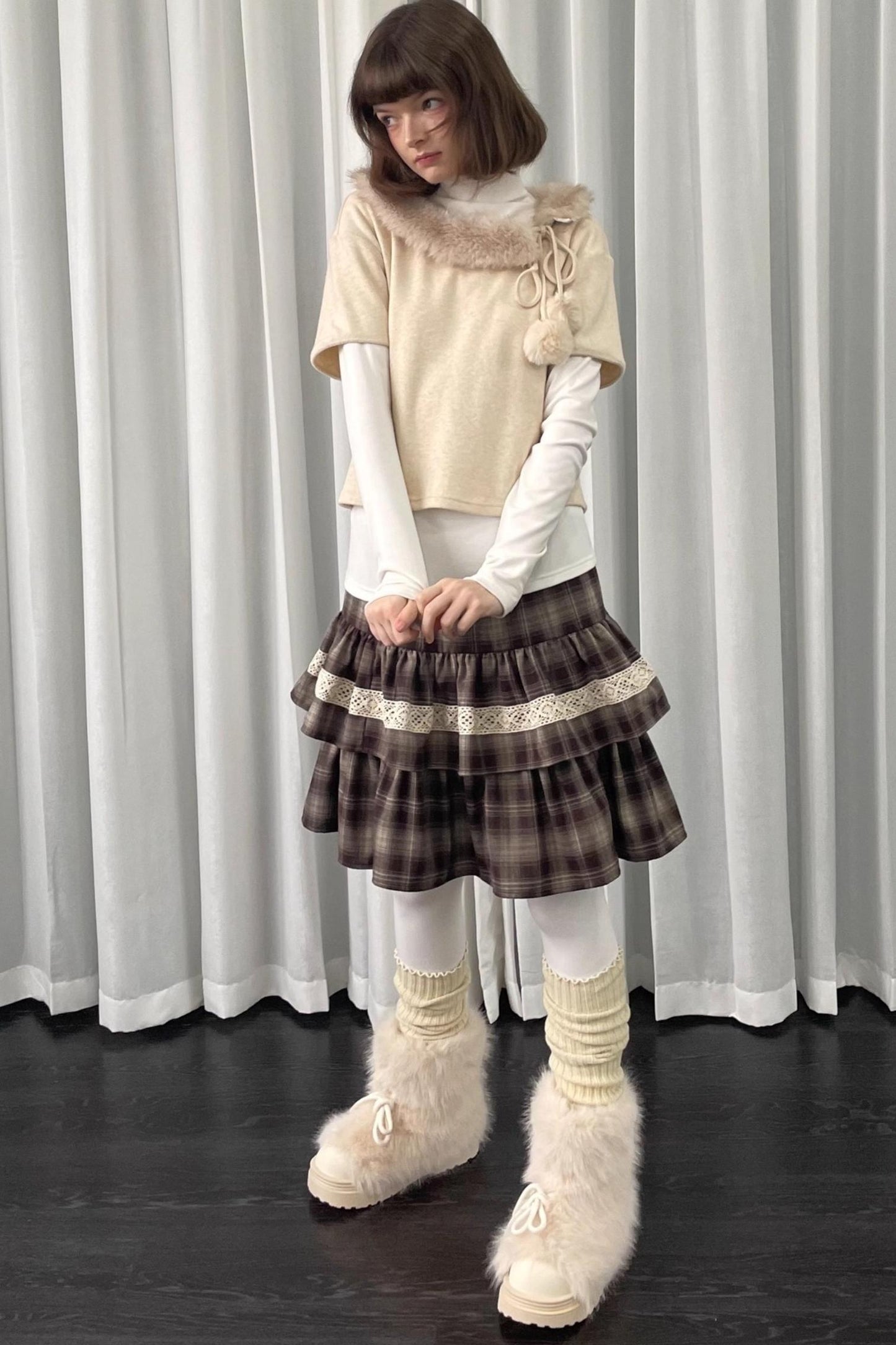 Coffee Plaid Patchwork Puffy Skirt