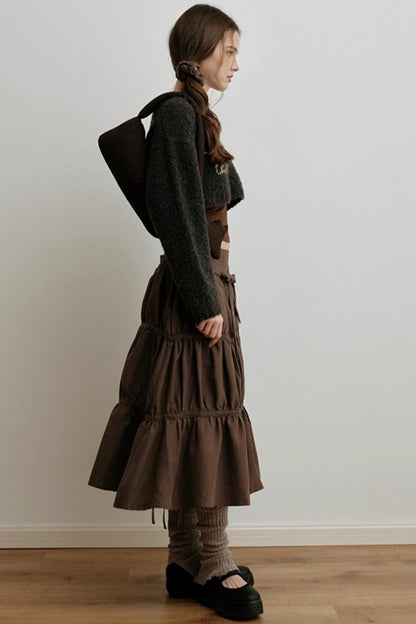 American Retro Suede Spliced Belt Umbrella Skirt