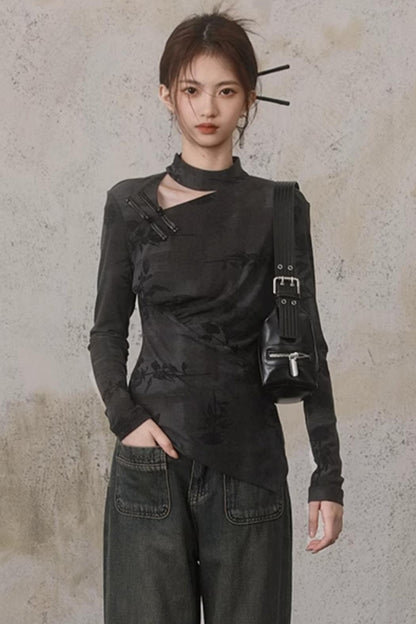 Hollow Design Long-Sleeved Chinese Top