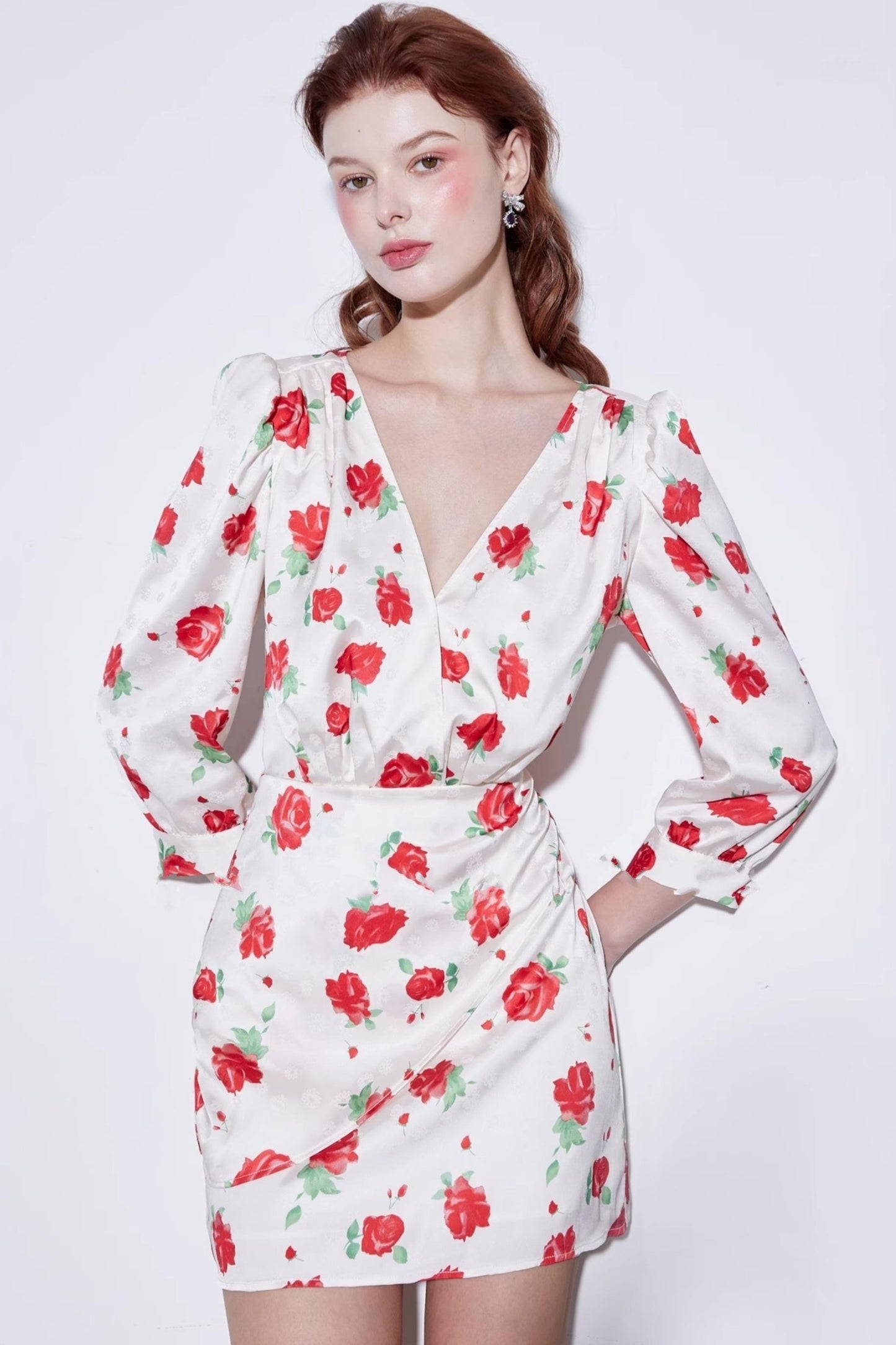 Satin Rose Jacquard V-Neck Dress