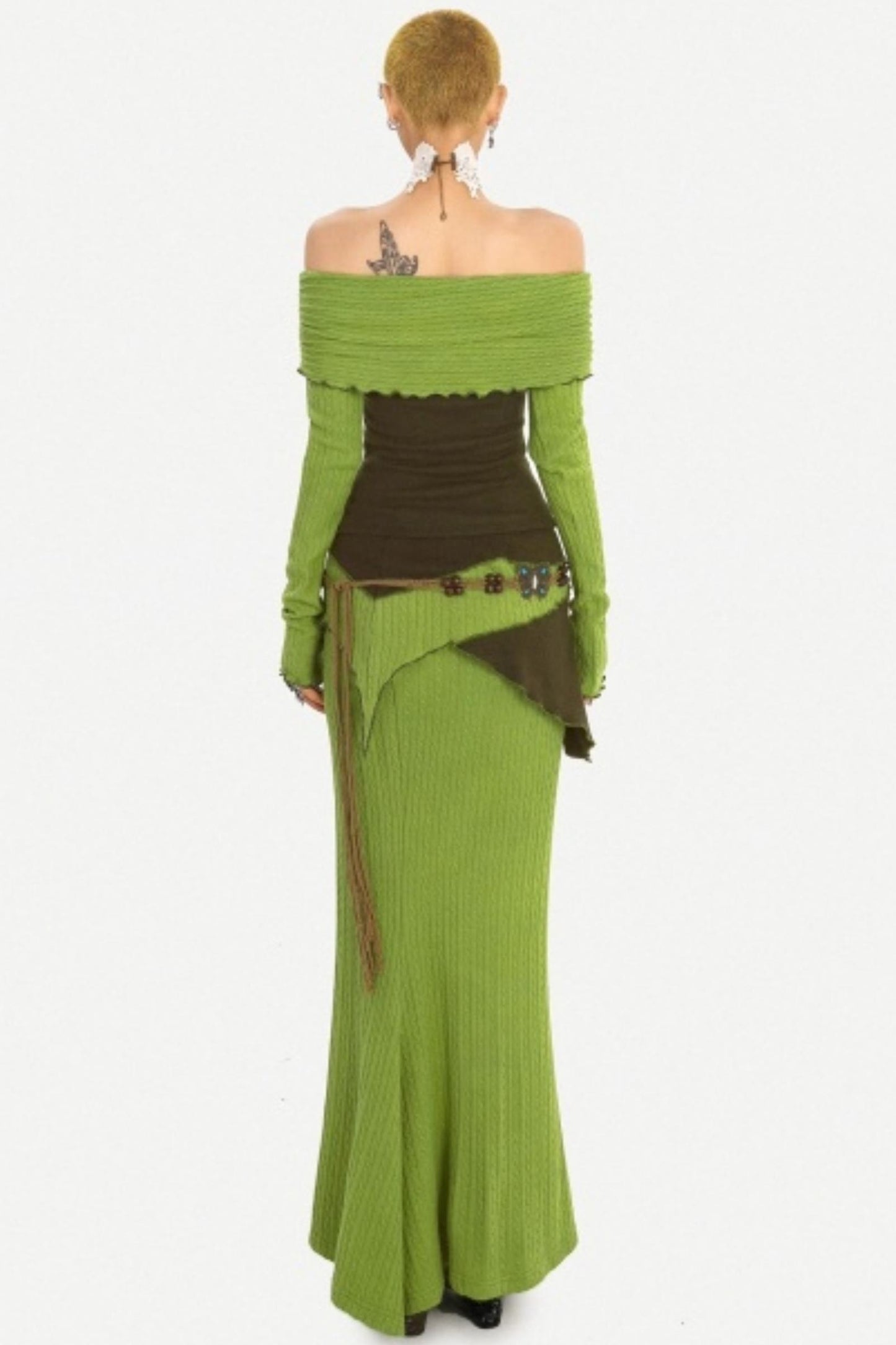 Green Off-Shoulder Top Skirt Set-Up