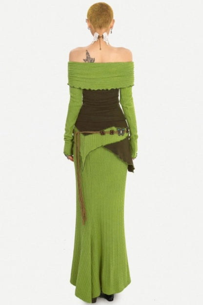 Green Off-Shoulder Top Skirt Set-Up