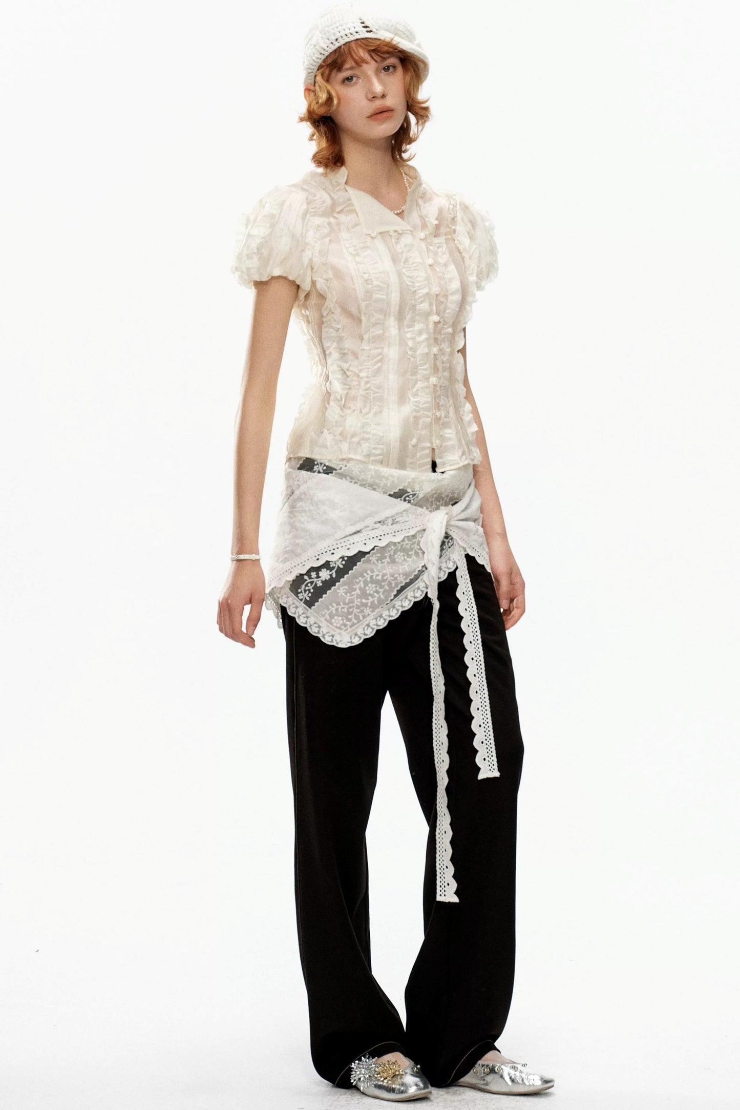 Beige Jacquard Puff Sleeve Blouse