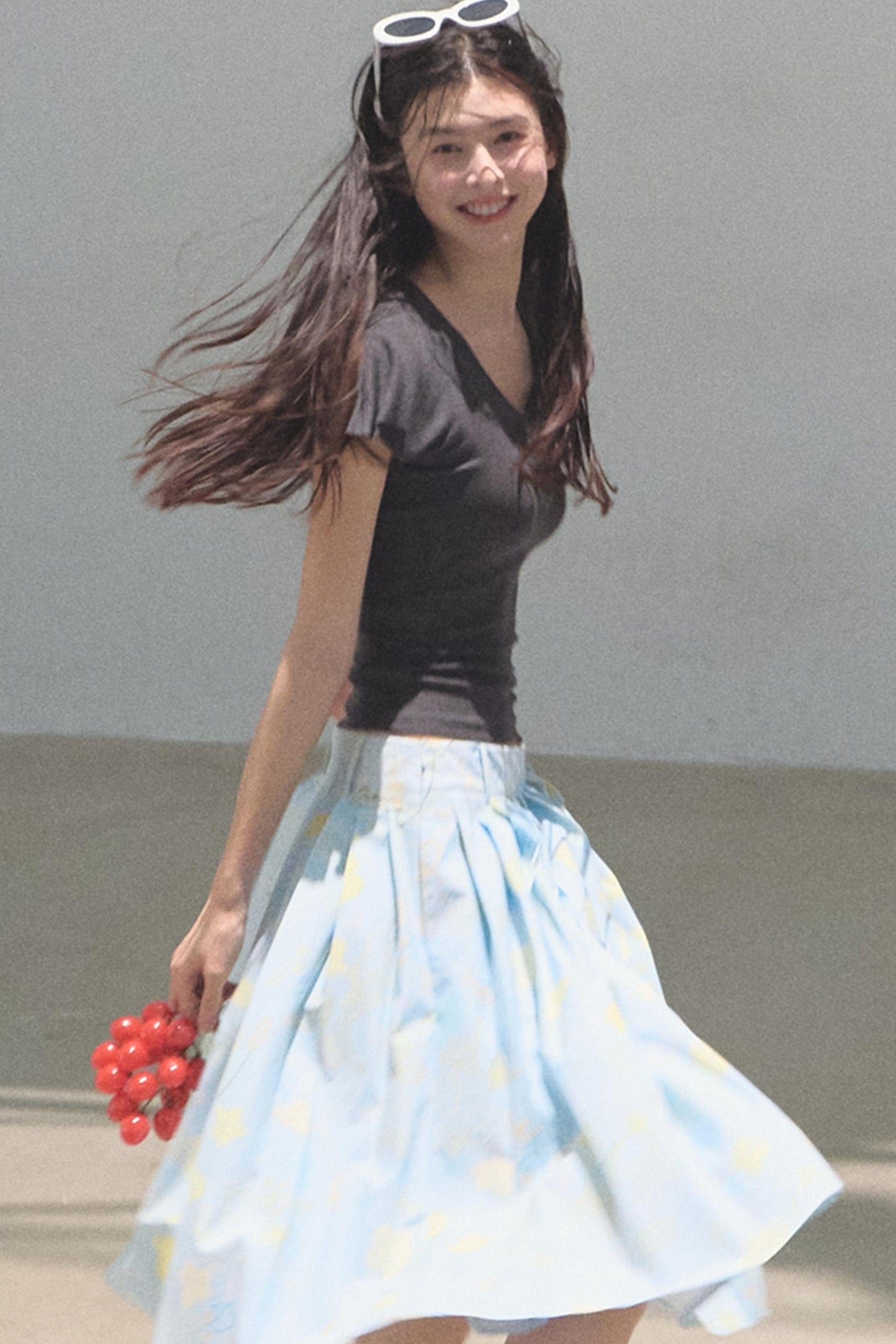 Green Apples Sleeve V-Neck Skinny Top