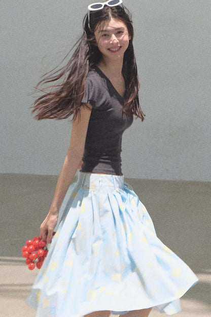 Green Apples Sleeve V-Neck Skinny Top