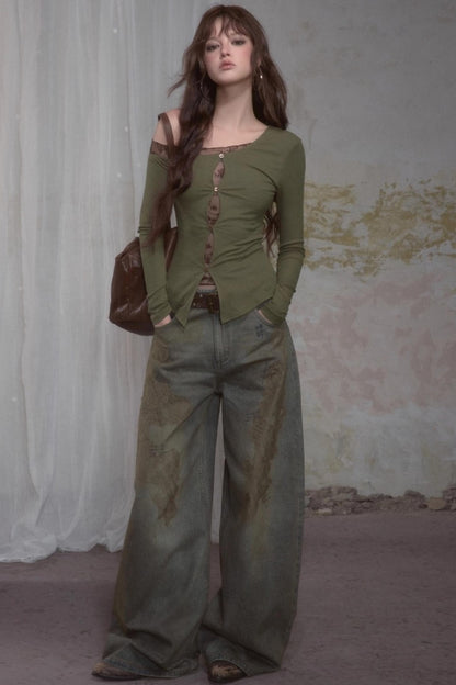 Retro Lace Straight Jeans