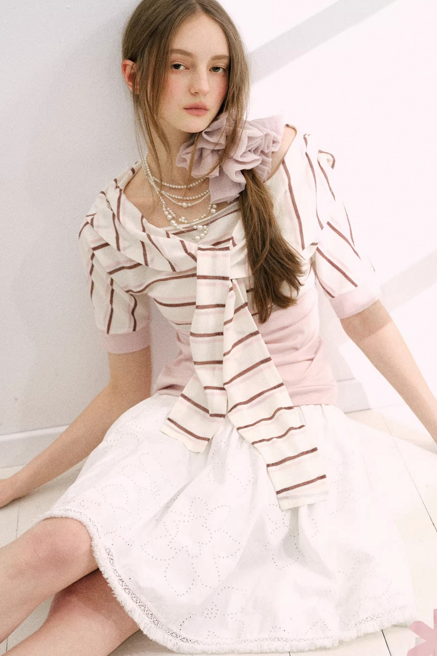 Cherry Blossom Striped Tie-Neck Top