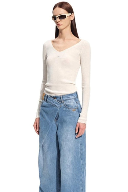 Mercerized Wool V-Neck Top