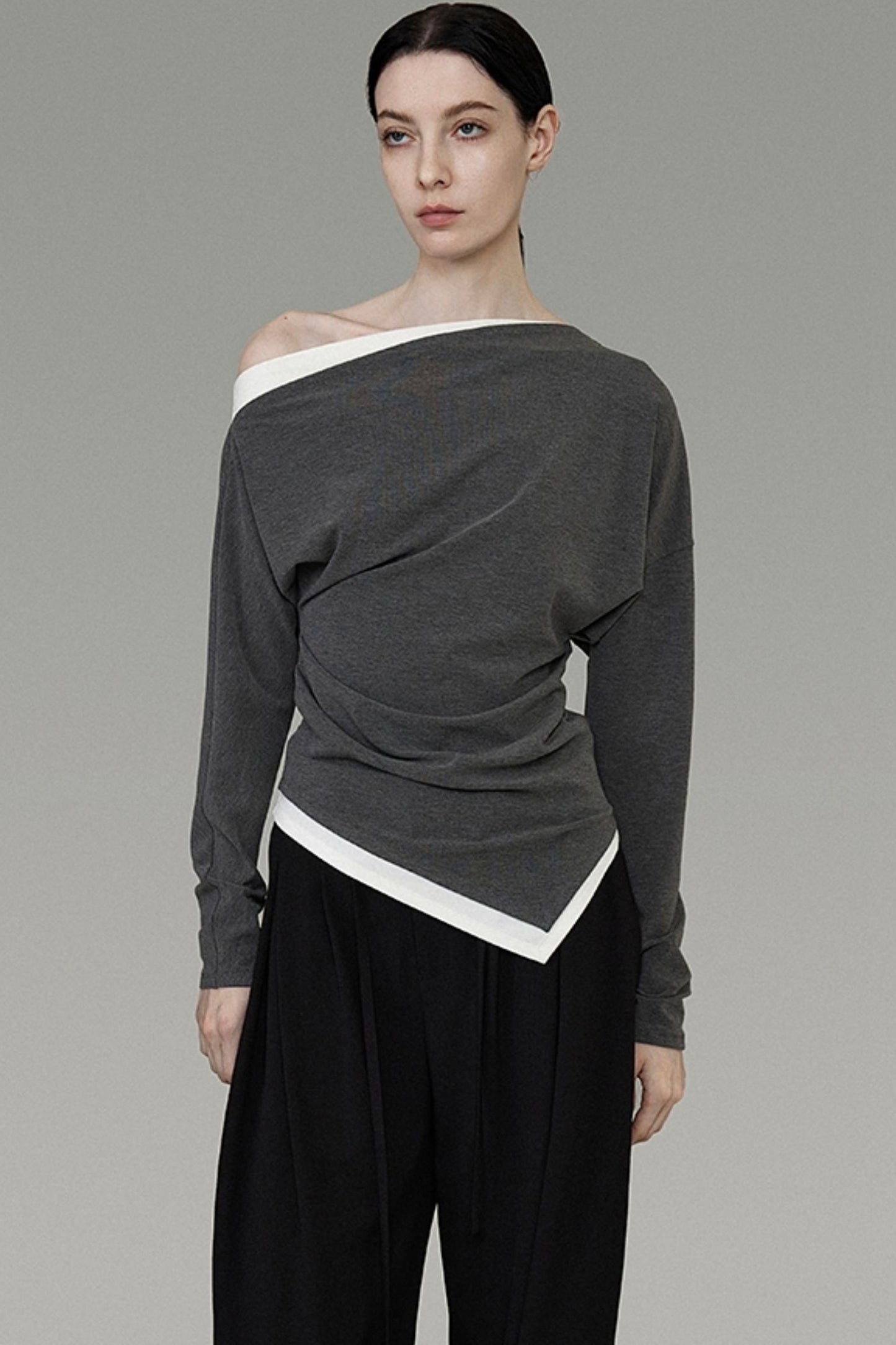 Diagonal Shoulder Two-Layer Knit Top