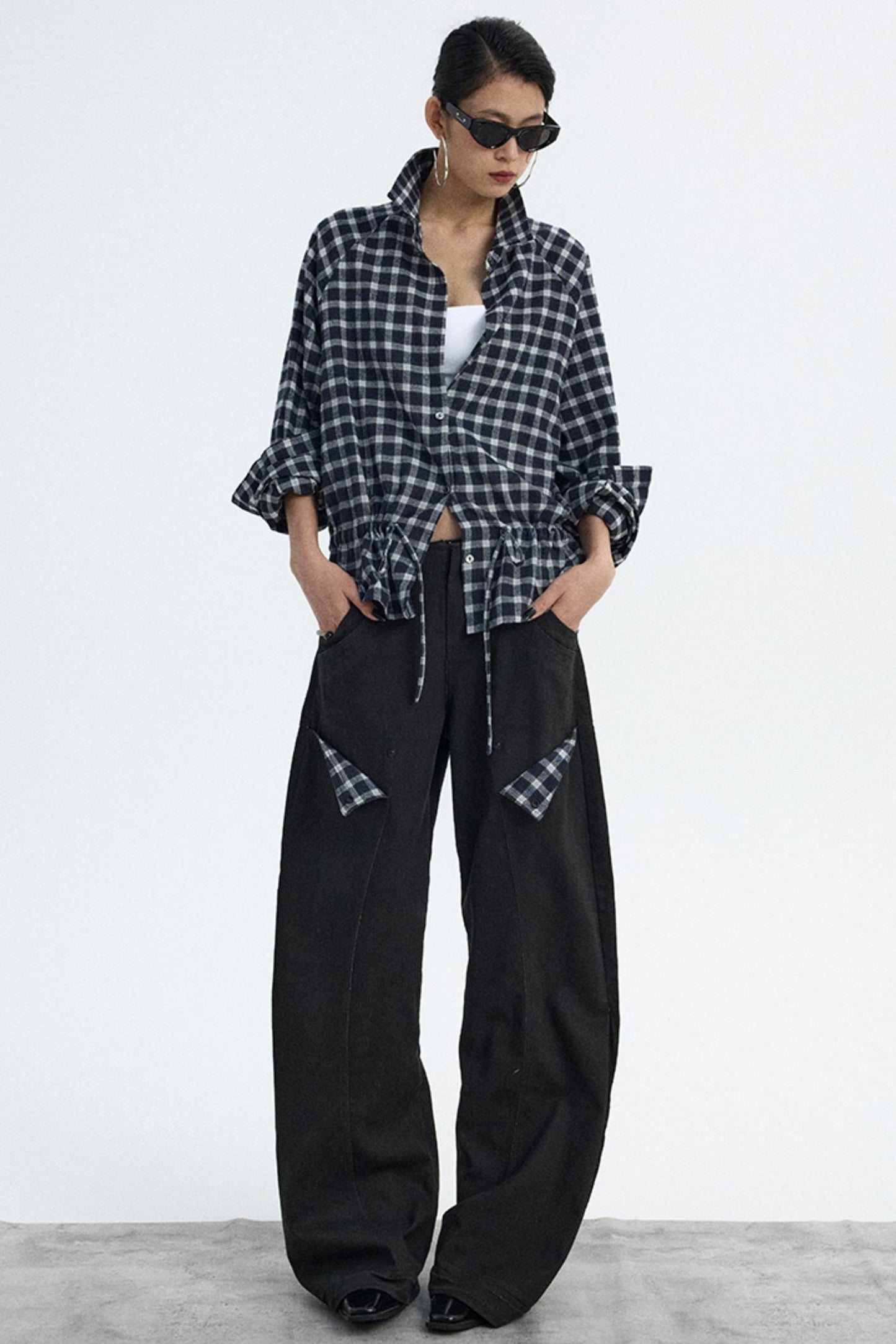 Navy Plaid Drawstring Top