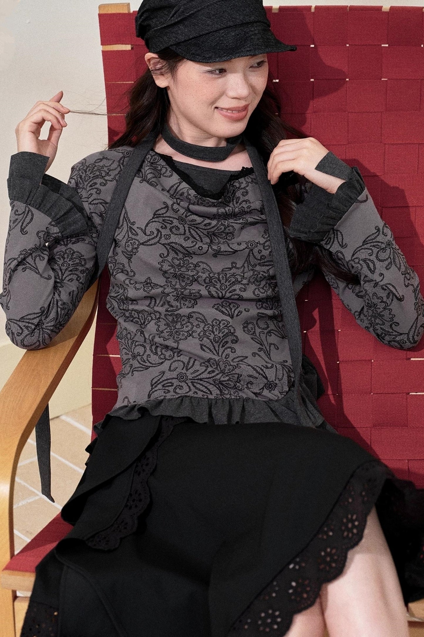 Swing Collar Ruffled Floral Lace Top