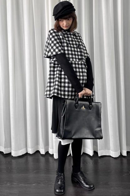 Black Plaid Lapel Woolen Coat