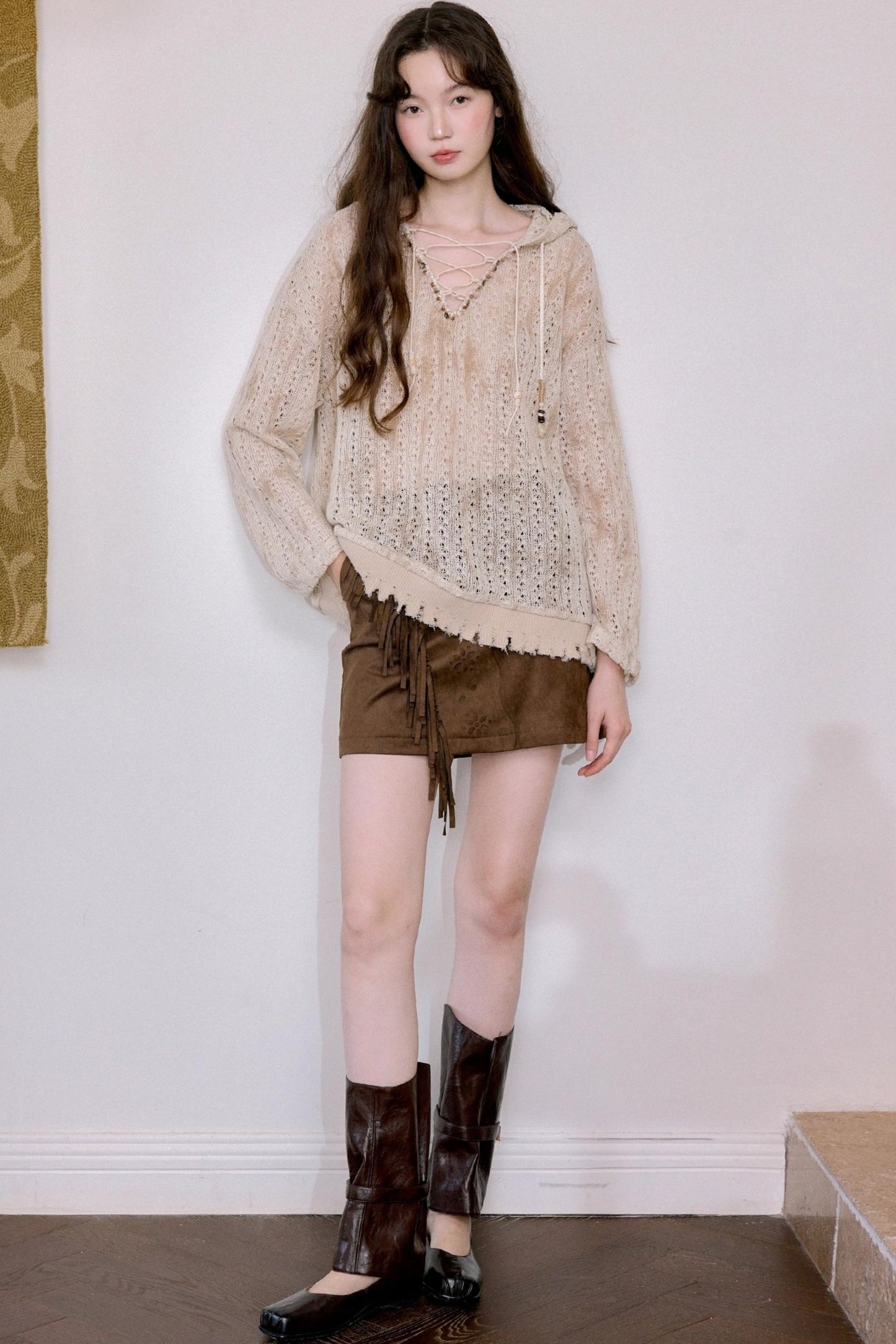 Vintage Coffee Openwork Fringed Suede A-Line Skirt