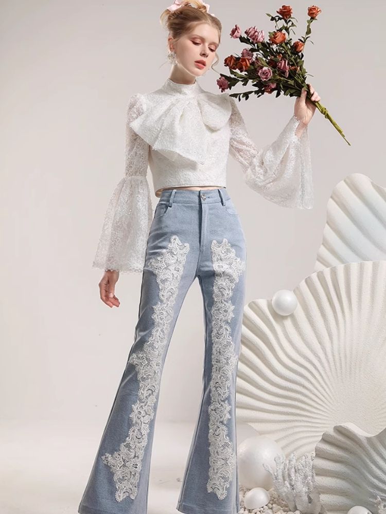 Heavy Lace Flower Waisted Slim Flared Pants