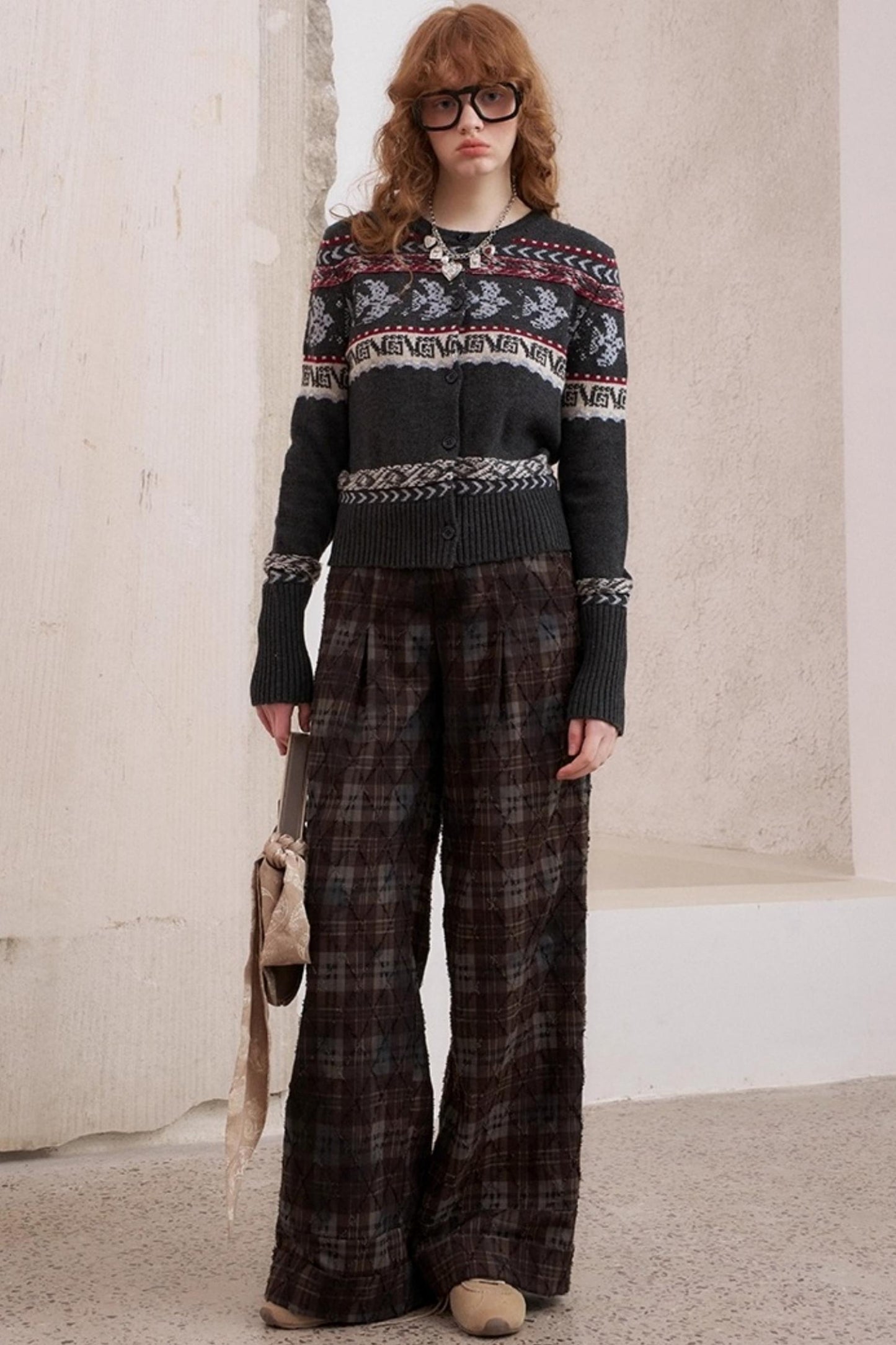 Textured Loose Plaid Trousers