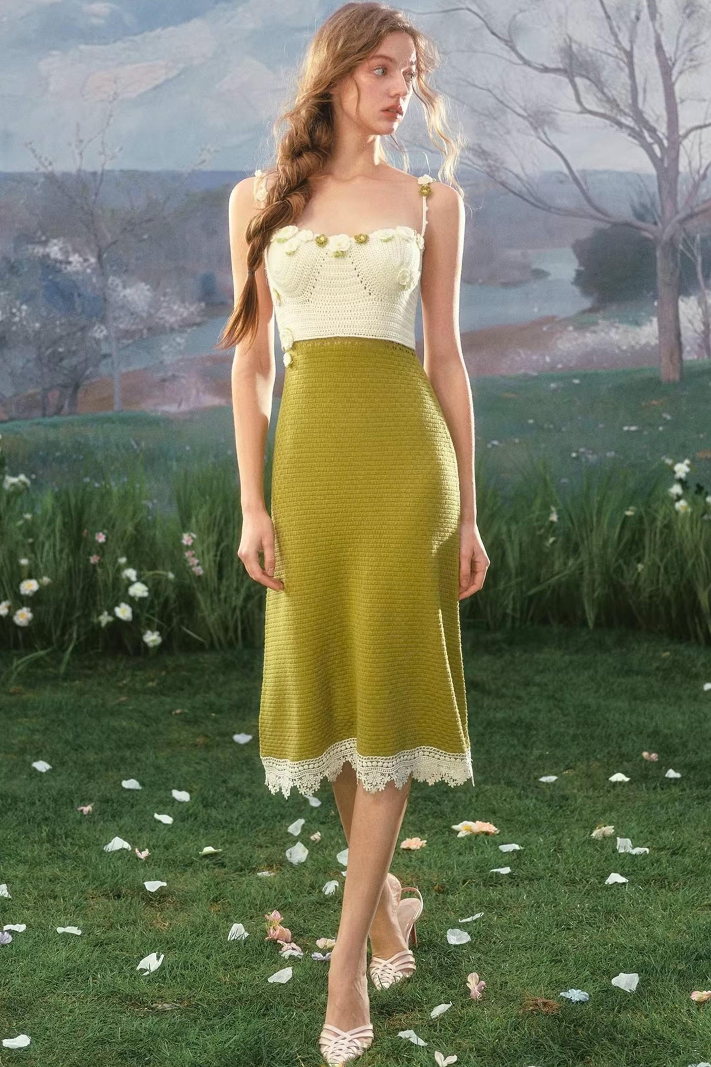 French Pastoral Knit Camisole Dress Set-Up