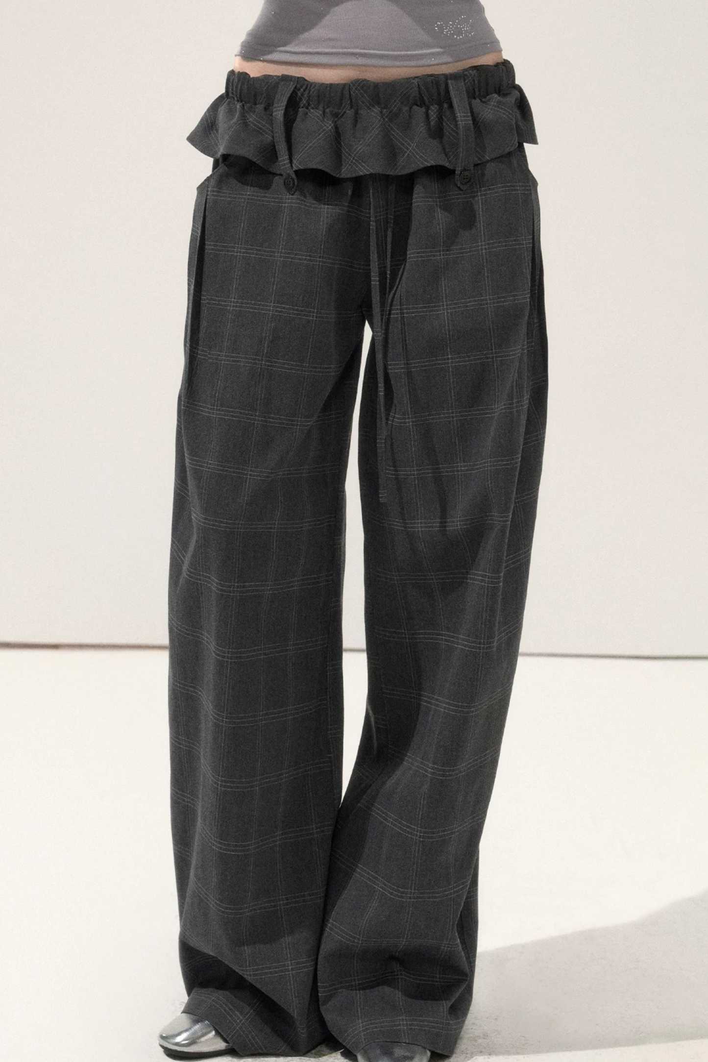 Folded Waistband Plaid Pants