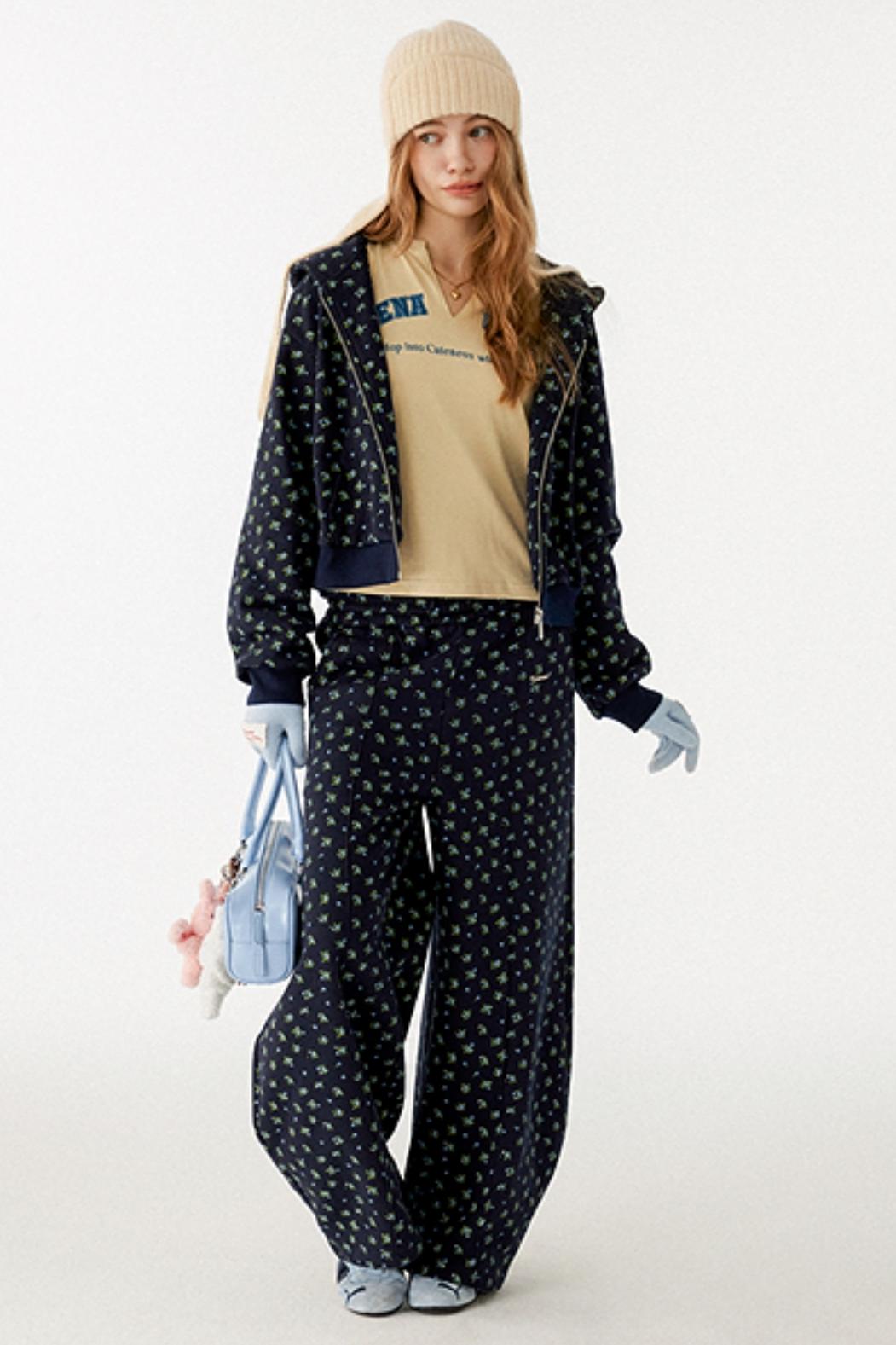 Navy Blue Floral Hooded Jacket Set-Up