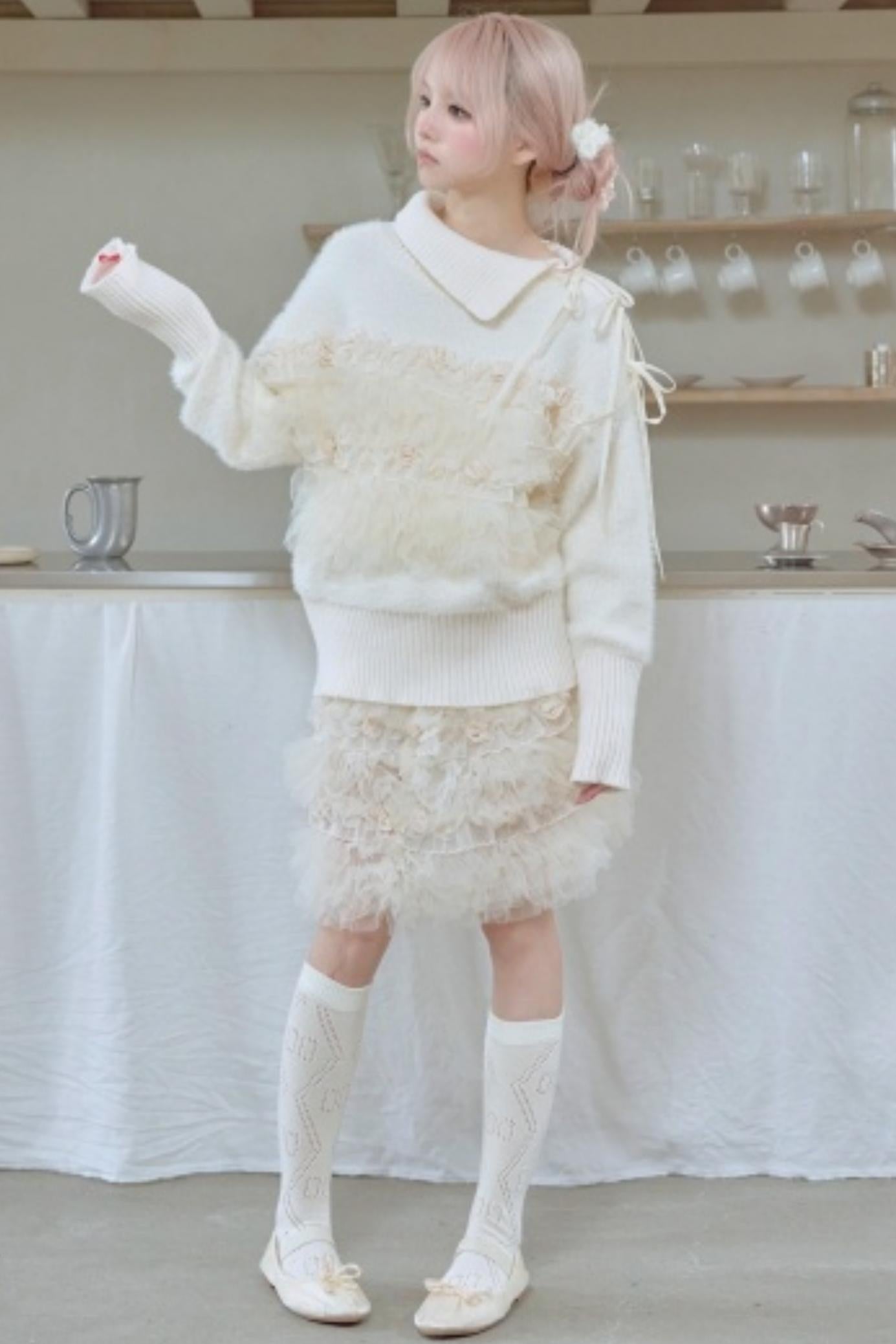 Beige Pleated Mink Velvet Sweater