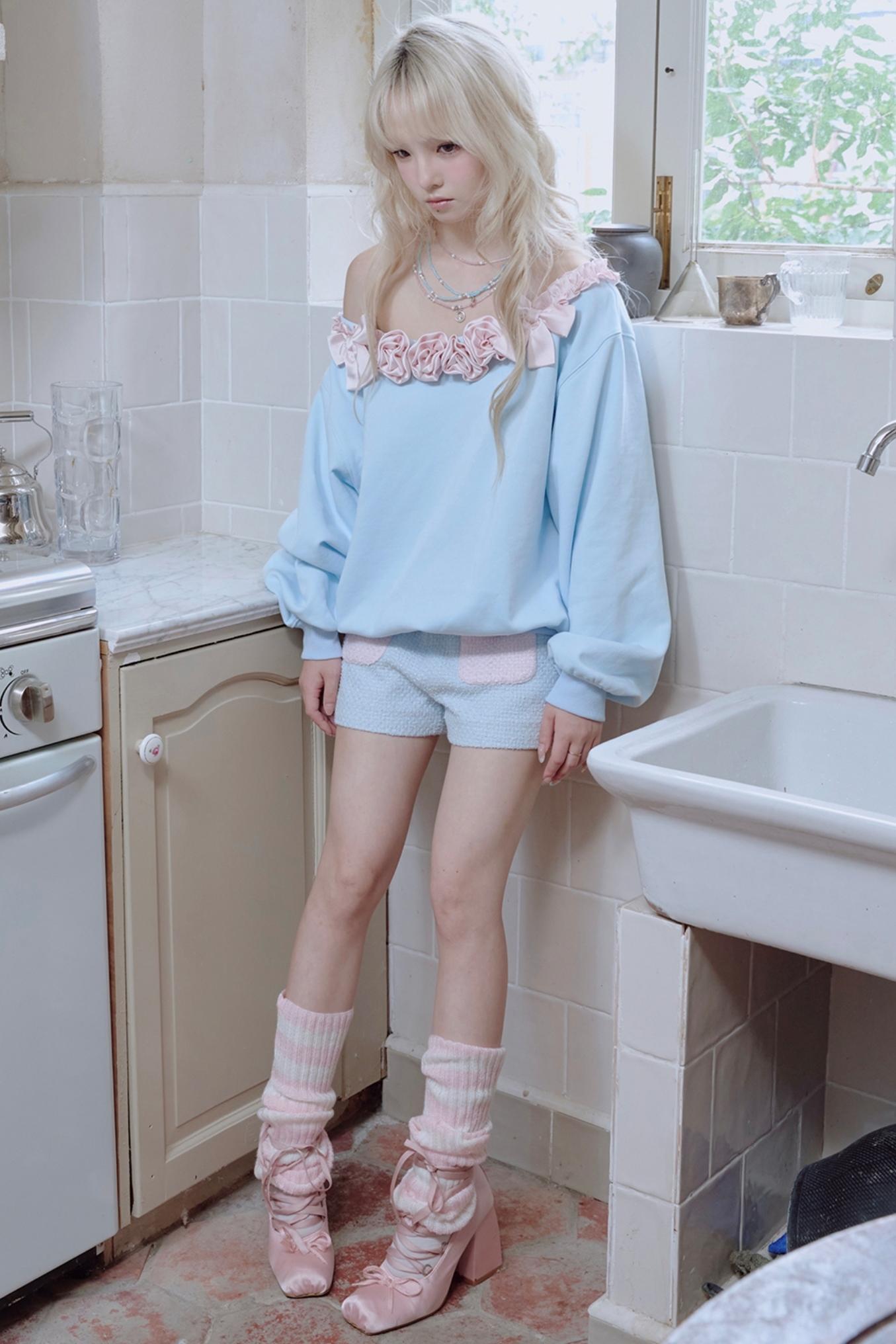 Pink Satin Rose Stitched Blue Top