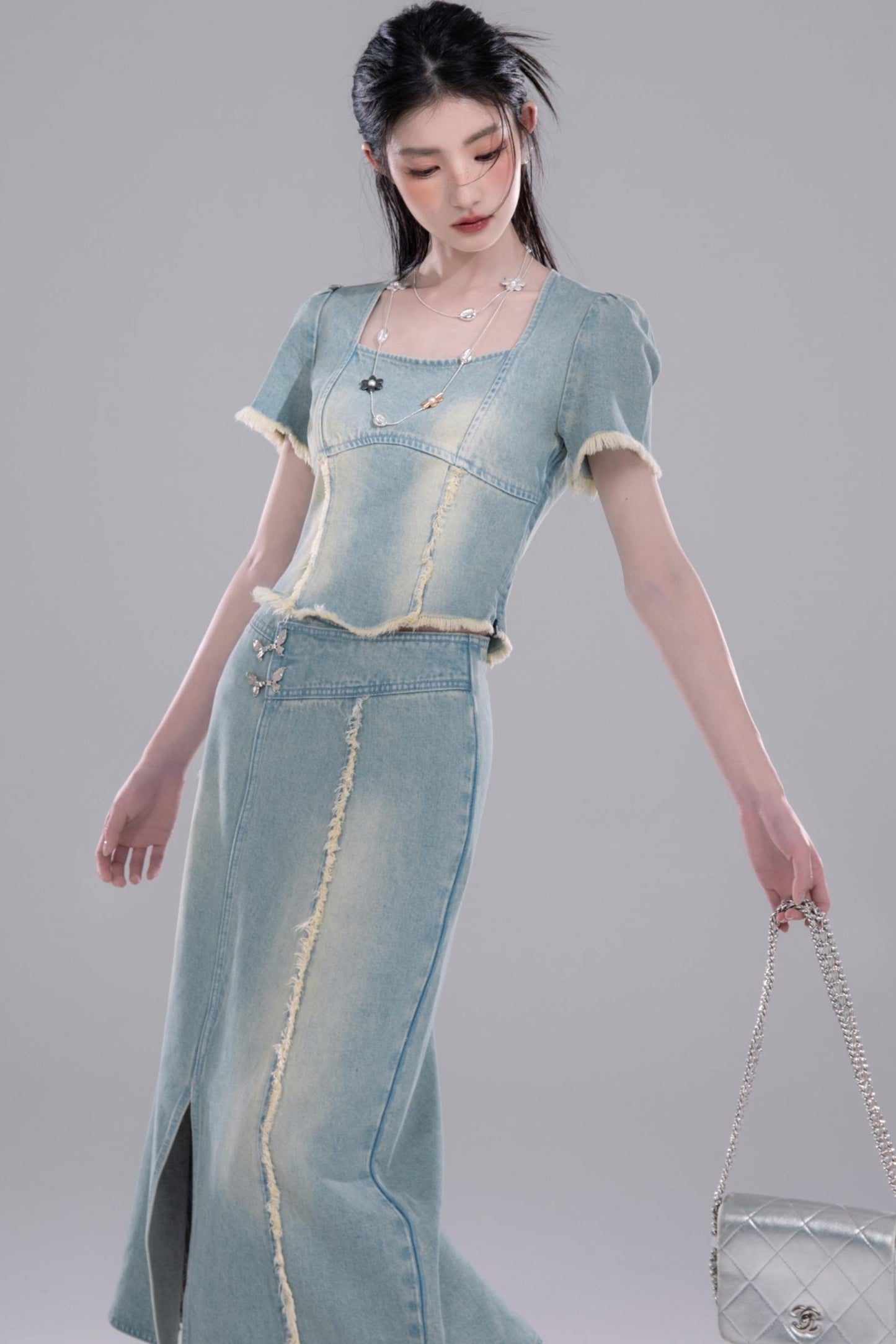 Cold Slit Blue Skirt Set-Up