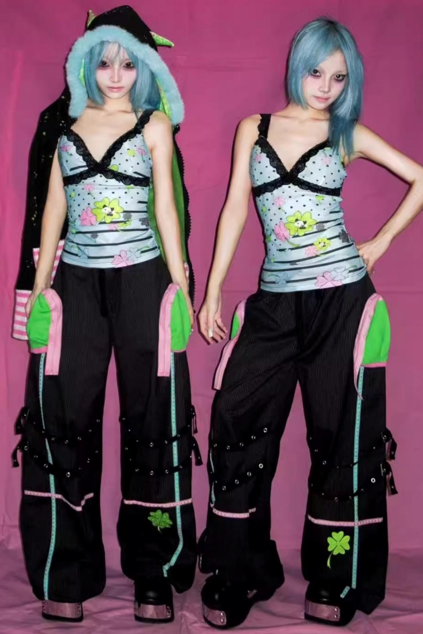 Four-Leaf Clover Embroidery Stripe Studded Trousers